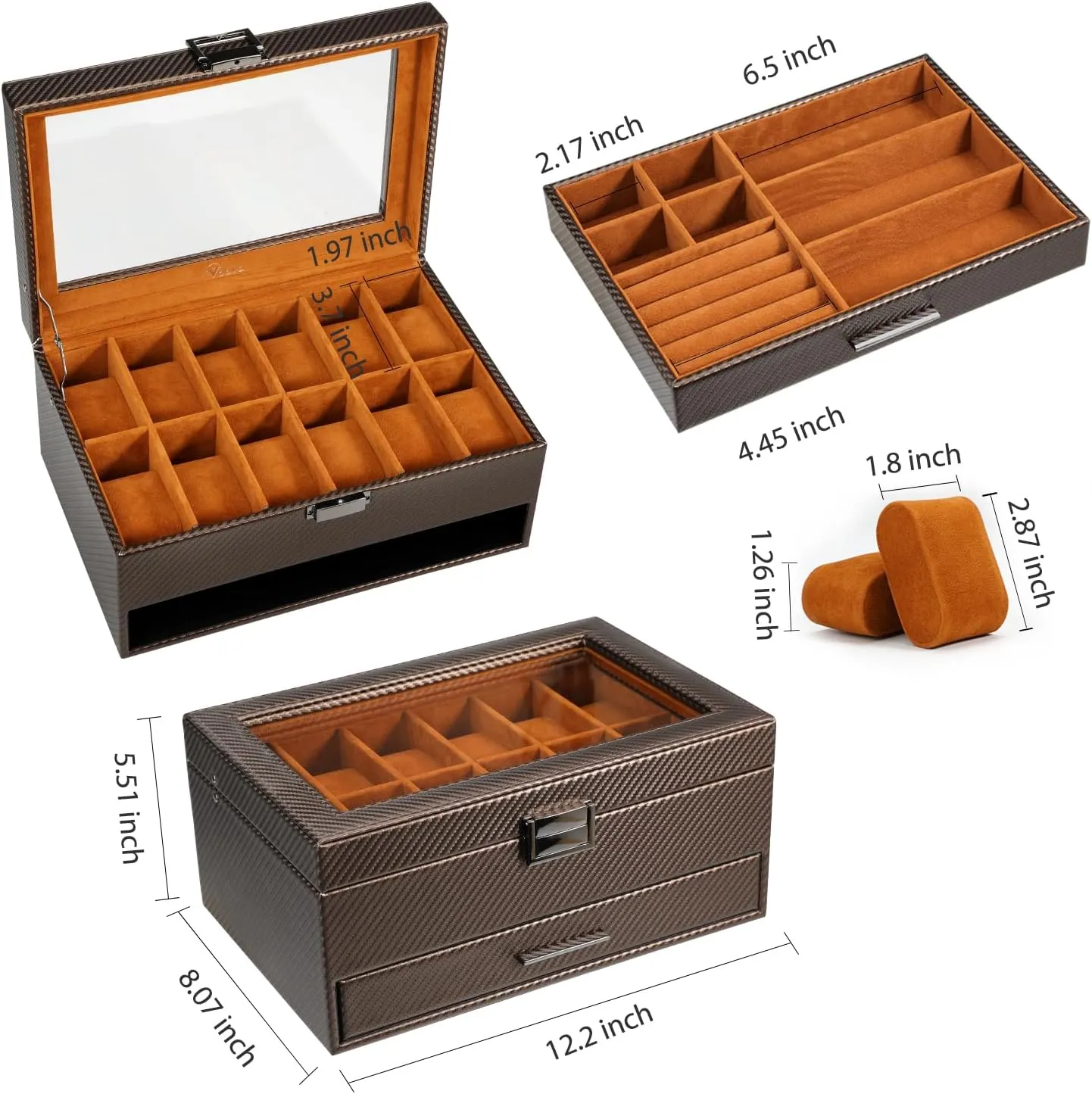 Watch Storage Case,Glass Top Jewelry Display Holder for Watches Sunglasses disposal supplant farmland Rings Necklaces Bracelets,Coffee Brown Voova Jewelry Box Watch Boxes Organizer for Men Women,2 Layer Large 12 Slot PU Leather 