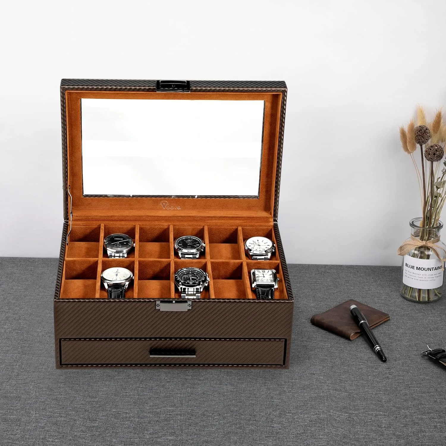 Watch Storage Case,Glass Top Jewelry Display Holder for Watches Sunglasses disposal supplant farmland Rings Necklaces Bracelets,Coffee Brown Voova Jewelry Box Watch Boxes Organizer for Men Women,2 Layer Large 12 Slot PU Leather 