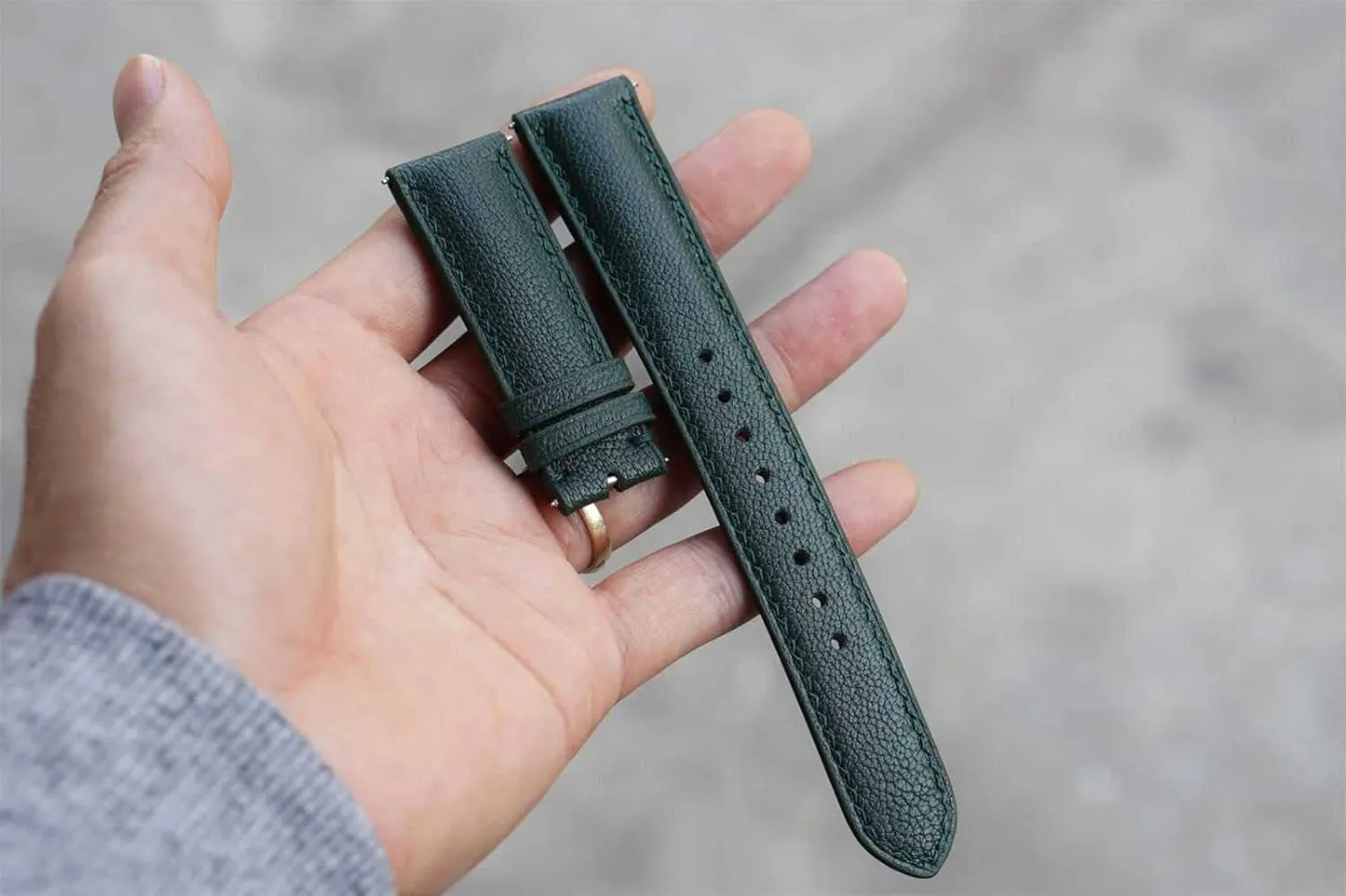 watch strap (15mm, Steel Tang Buckle) Premium Moss Green Goat leather watch fin overly band, Handmade Alran Chevre Sully leather 