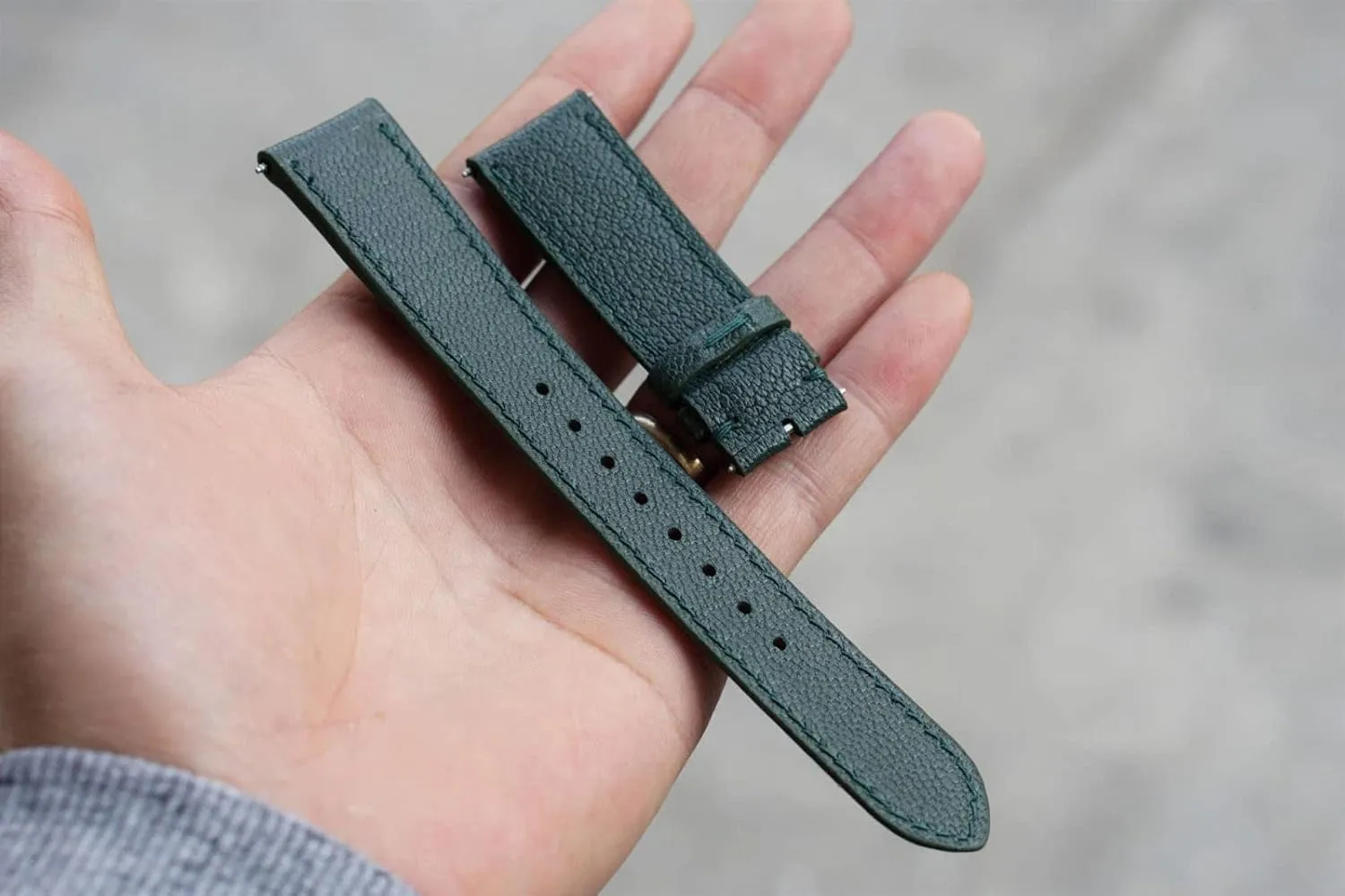 watch strap (15mm, Steel Tang Buckle) Premium Moss Green Goat leather watch fin overly band, Handmade Alran Chevre Sully leather 