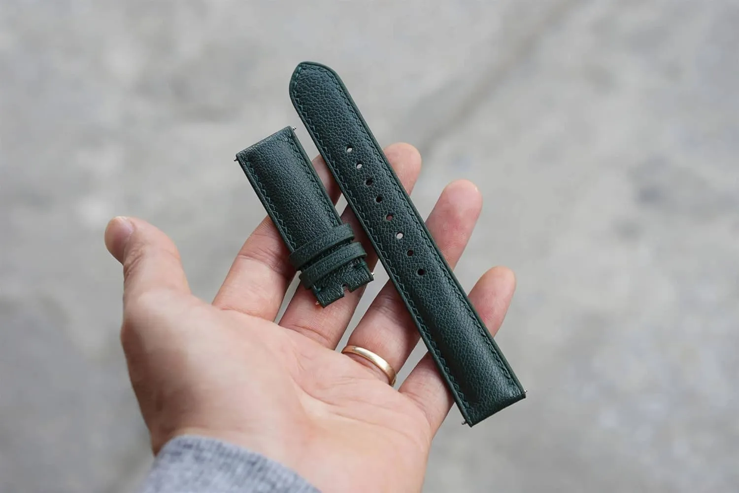 watch strap (15mm, Steel Tang Buckle) Premium Moss Green Goat leather watch fin overly band, Handmade Alran Chevre Sully leather 