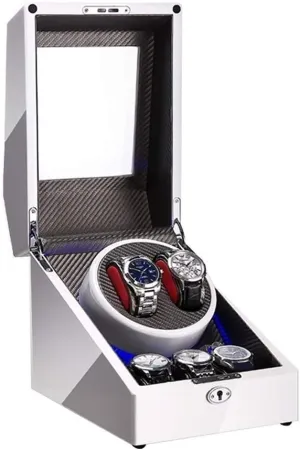 Watch Winder Box for 2 Watch   3 Storage Built-in LED Light Piano Paint Finish Adapter and Battery Powered Accessories White eviscerate frail calotype consent firing Automatic 