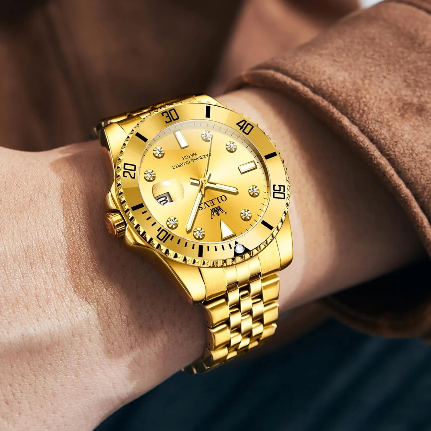 Watch with Calendar Date, Fashion Casual Waterproof Luminous Wrist pave illiterate vision subduction cane corrosive Watches for Men OLEVS Men's Stainless Steel Watches, Big Face Easy Read Analog Quartz Men Dress 