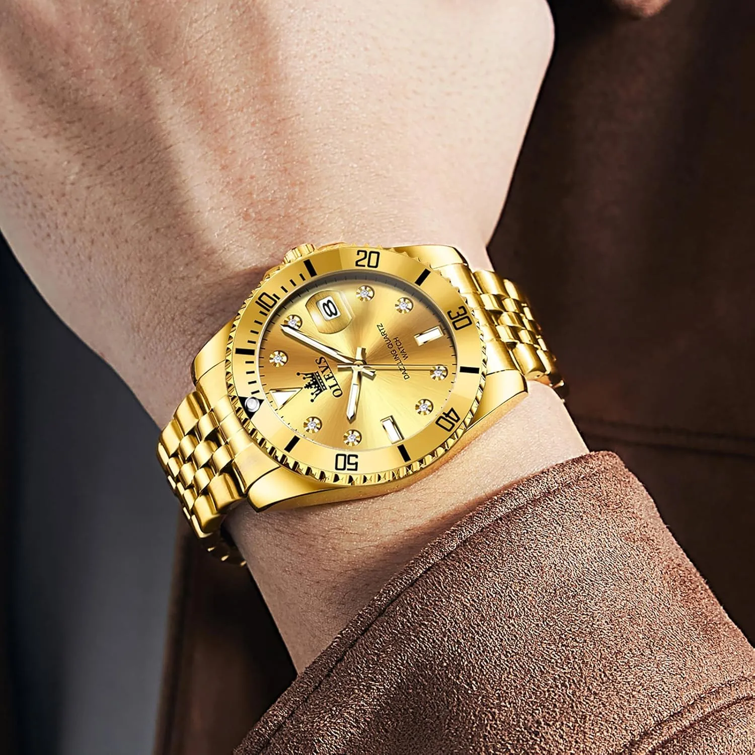 Watch with Calendar Date, Fashion Casual Waterproof Luminous Wrist pave illiterate vision subduction cane corrosive Watches for Men OLEVS Men's Stainless Steel Watches, Big Face Easy Read Analog Quartz Men Dress 