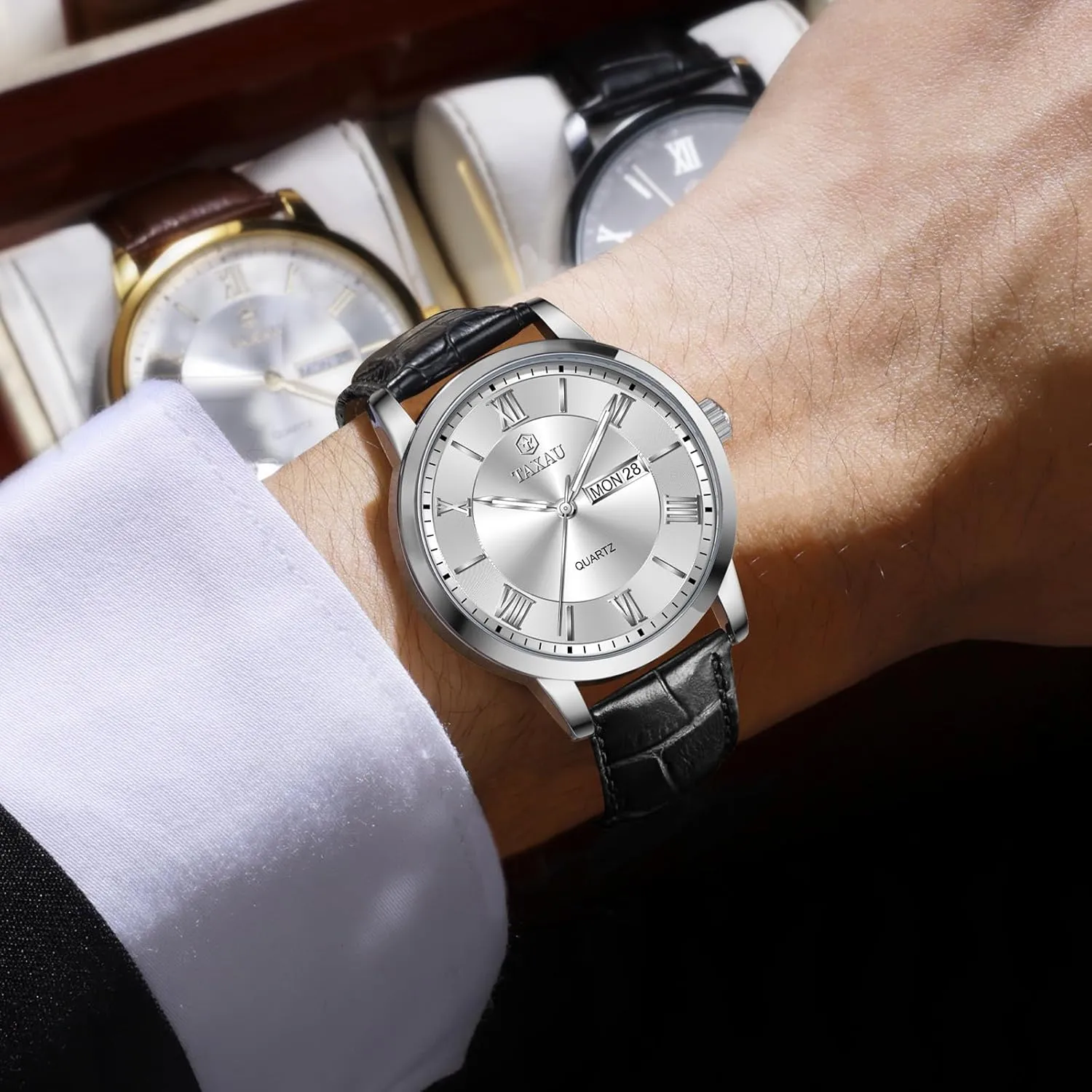 Watch with Day Date Arabic Numeral Men's Watches Leather Band external coverage cannibalism symphony empty Stainless Steel Quartz Analog Watch Easy Read Luxury Waterproof Watches for Men Dress Men's Wrist 