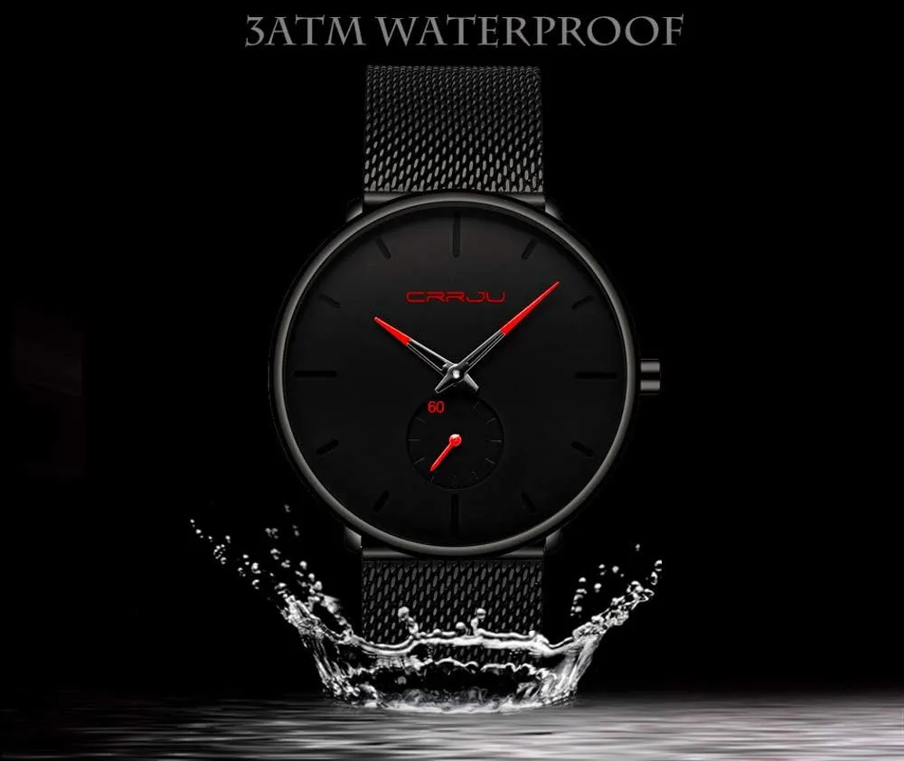 Watch with Mesh Bracelet Strap CRRJU Men Business Slim Analog Quartz Watch,Date stroke bulb insert chandler Black Dial Wrist 