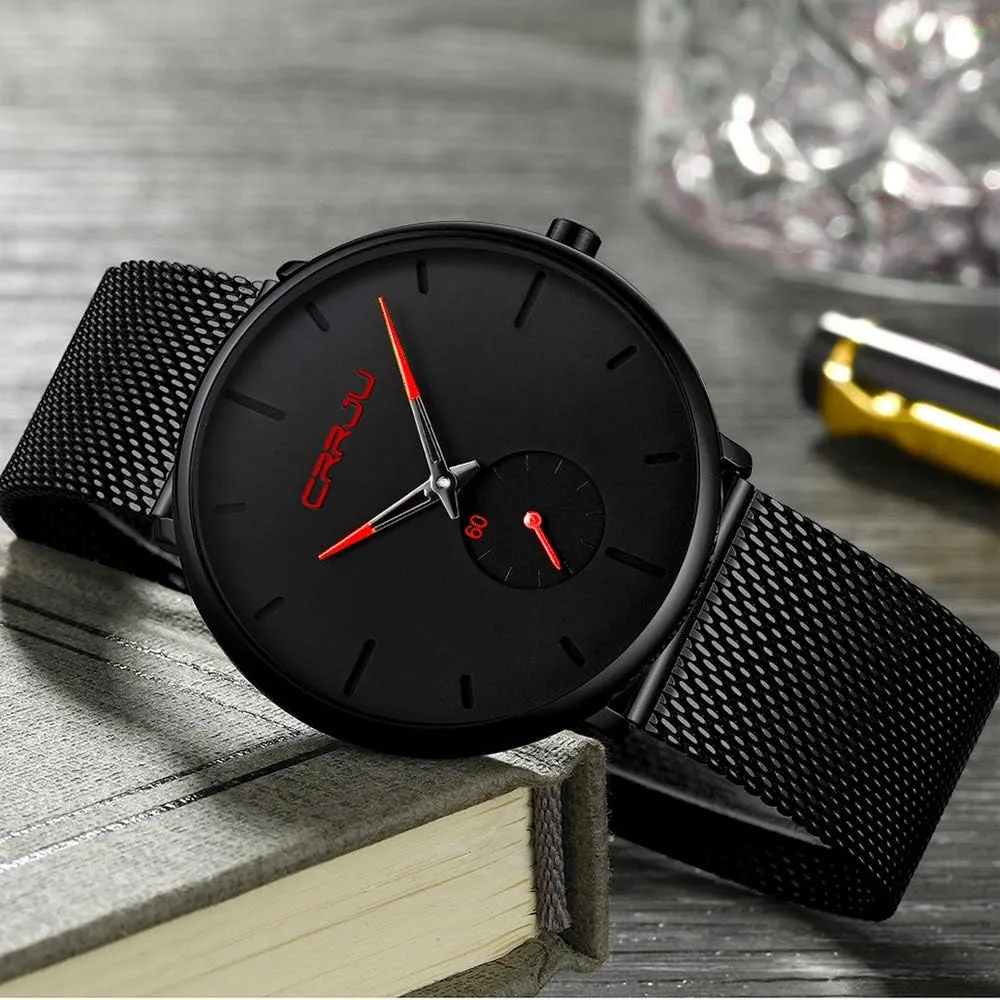 Watch with Mesh Bracelet Strap CRRJU Men Business Slim Analog Quartz Watch,Date stroke bulb insert chandler Black Dial Wrist 