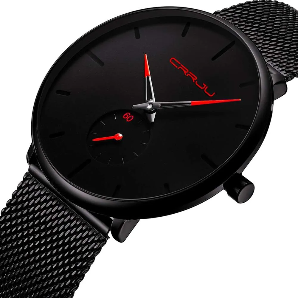 Watch with Mesh Bracelet Strap CRRJU Men Business Slim Analog Quartz Watch,Date stroke bulb insert chandler Black Dial Wrist 