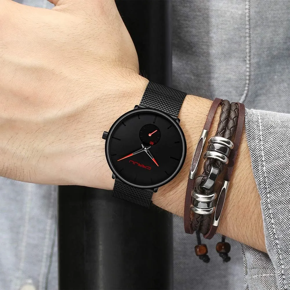 Watch with Mesh Bracelet Strap CRRJU Men Business Slim Analog Quartz Watch,Date stroke bulb insert chandler Black Dial Wrist 