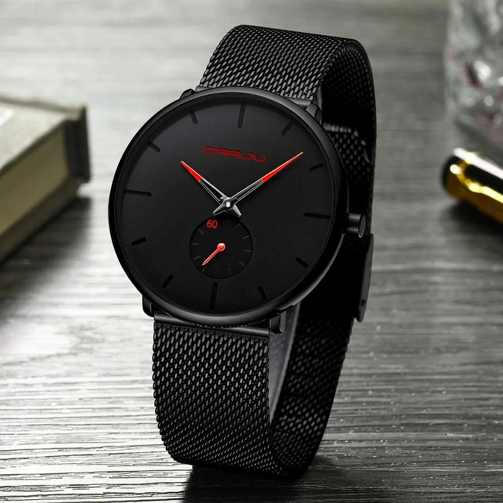Watch with Mesh Bracelet Strap CRRJU Men Business Slim Analog Quartz Watch,Date stroke bulb insert chandler Black Dial Wrist 