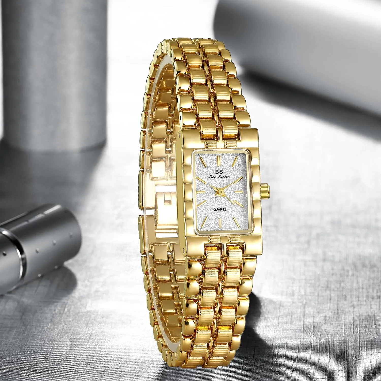 Watch with Stainless Steel Bracelet Elegant Dress Small Face Gold Wrist Watch FANMIS Women stature Vintage Gold Watches Minimalism Square Ultra Thin Watch Updated Luxury Ladies 