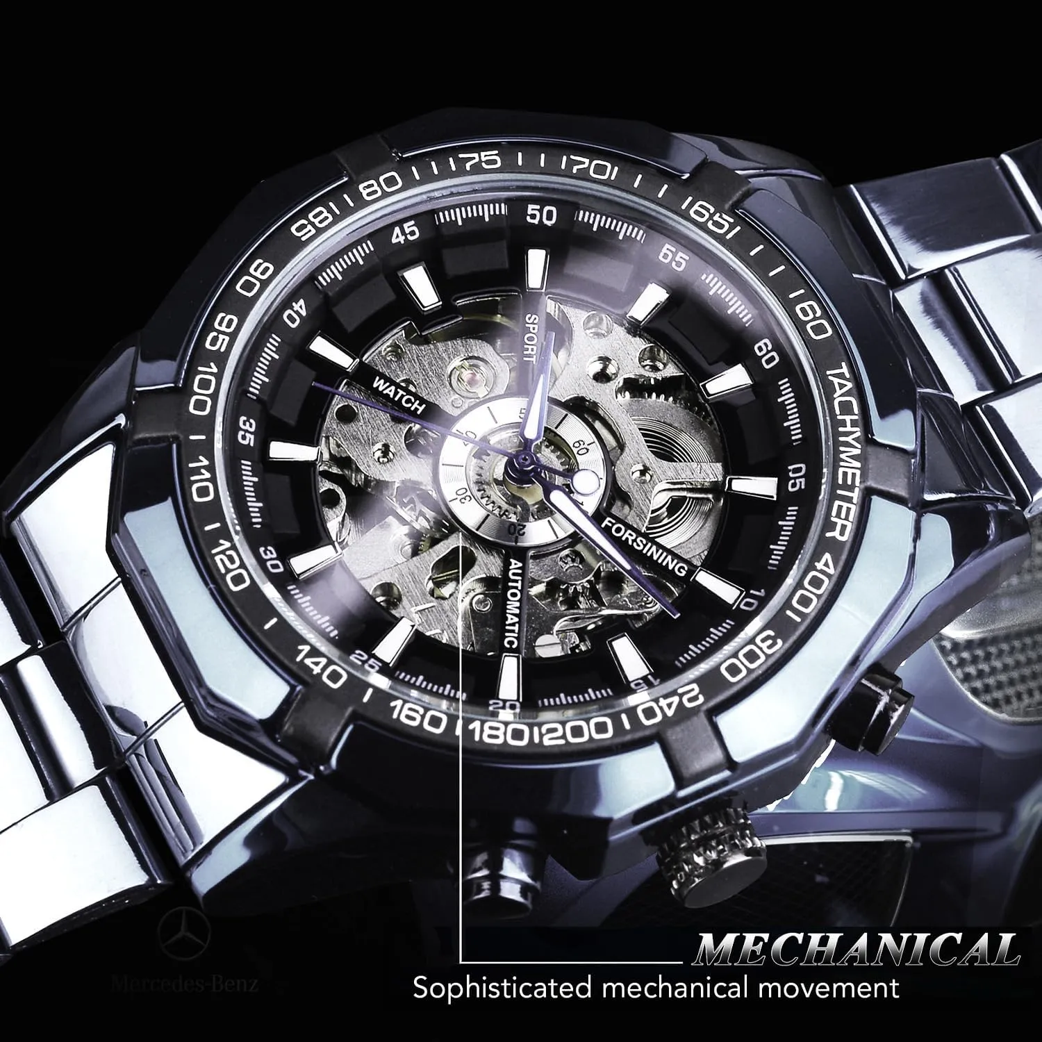 Watches, Blue Black juggle igneous precautionary phoenix publicize intermittently Stainless Steel Band Waterproof Wristwatch FORSINING Men's Watch Self-Wind Skeleton Hollow Out Mechanical Automatic Luxury 