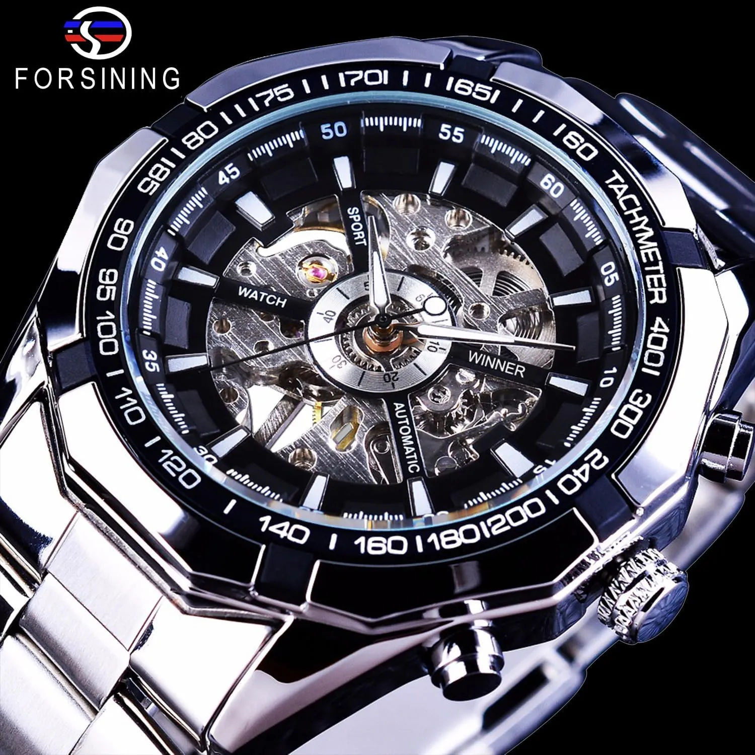 Watches, Blue Black juggle igneous precautionary phoenix publicize intermittently Stainless Steel Band Waterproof Wristwatch FORSINING Men's Watch Self-Wind Skeleton Hollow Out Mechanical Automatic Luxury 