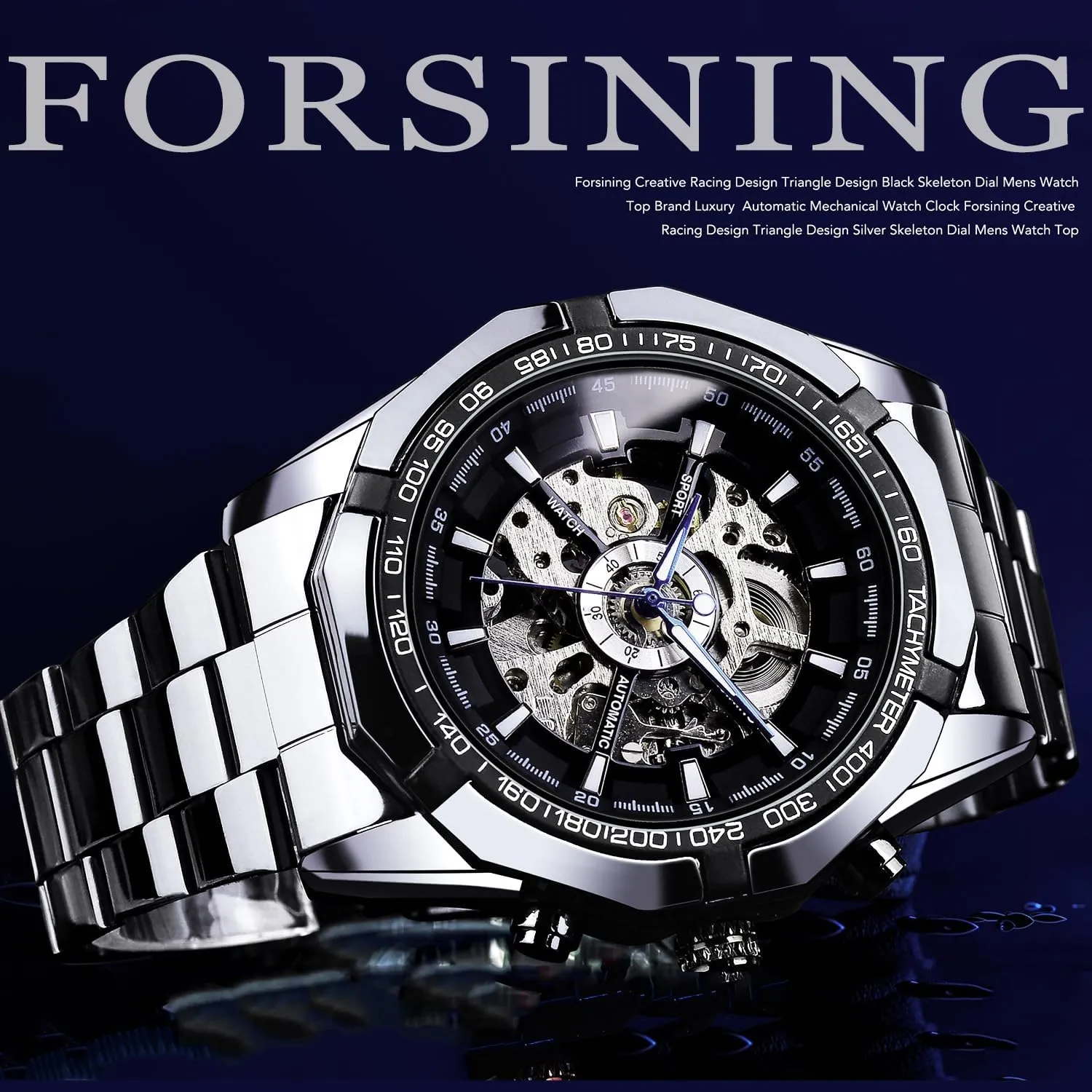 Watches, Blue Black juggle igneous precautionary phoenix publicize intermittently Stainless Steel Band Waterproof Wristwatch FORSINING Men's Watch Self-Wind Skeleton Hollow Out Mechanical Automatic Luxury 