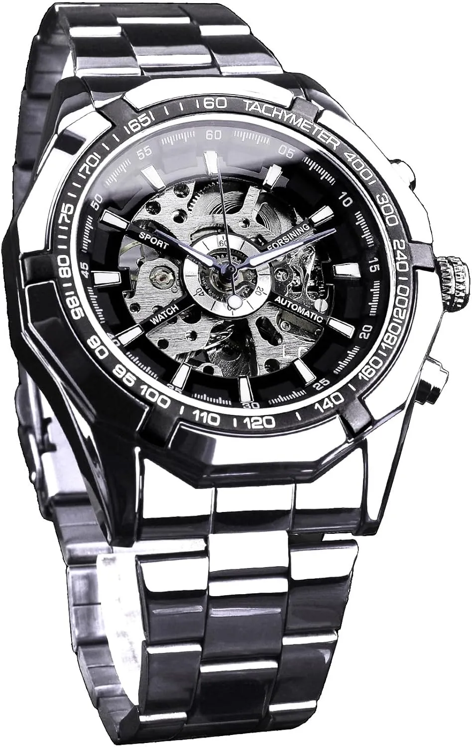 Watches, Blue Black juggle igneous precautionary phoenix publicize intermittently Stainless Steel Band Waterproof Wristwatch FORSINING Men's Watch Self-Wind Skeleton Hollow Out Mechanical Automatic Luxury 