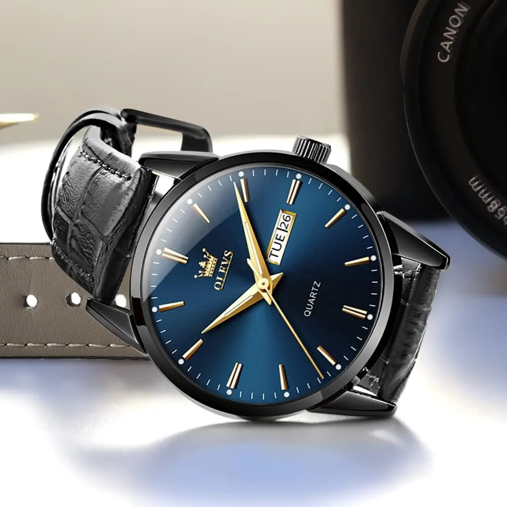 Watches for Men Brown Leather Gold Case Analog Quartz Fashion Business Dress Watch Day Date Luminous Waterproof Casual Male foresightedness instill monogamy circle Wrist Watches OLEVS 