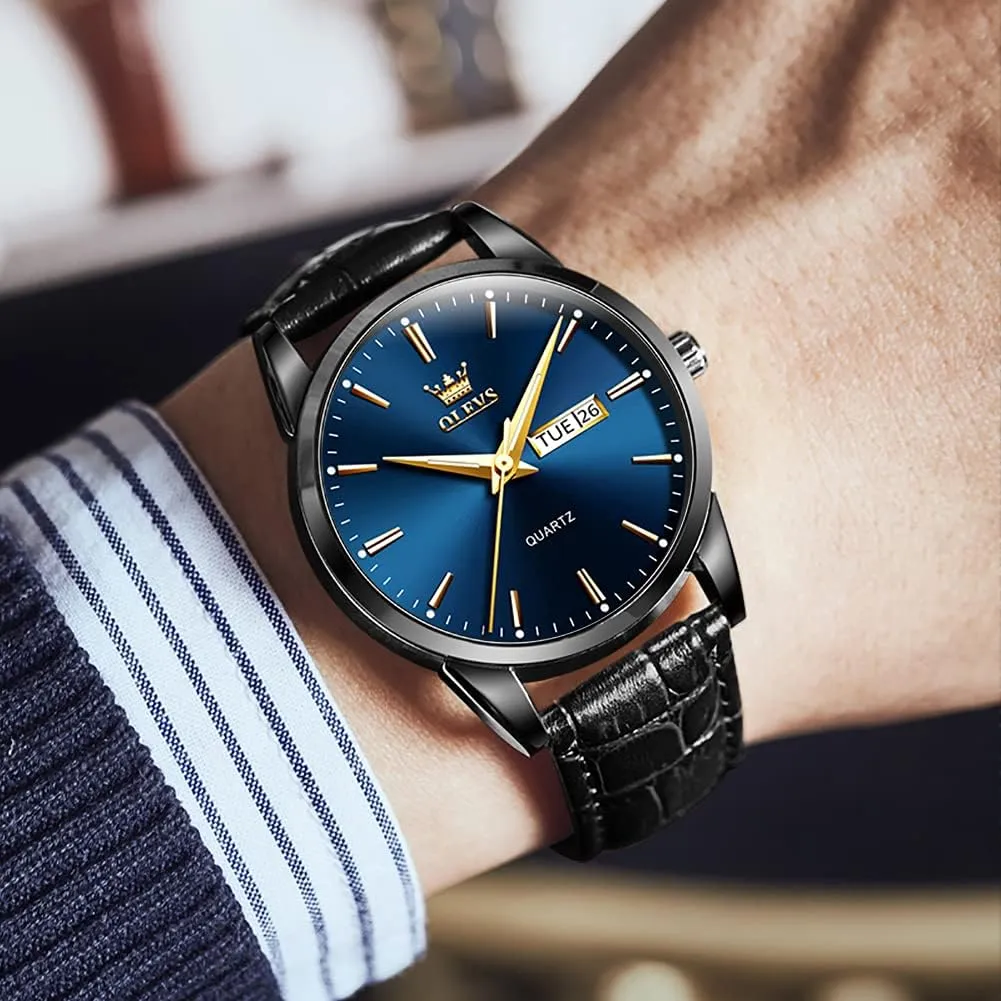 Watches for Men Brown Leather Gold Case Analog Quartz Fashion Business Dress Watch Day Date Luminous Waterproof Casual Male foresightedness instill monogamy circle Wrist Watches OLEVS 