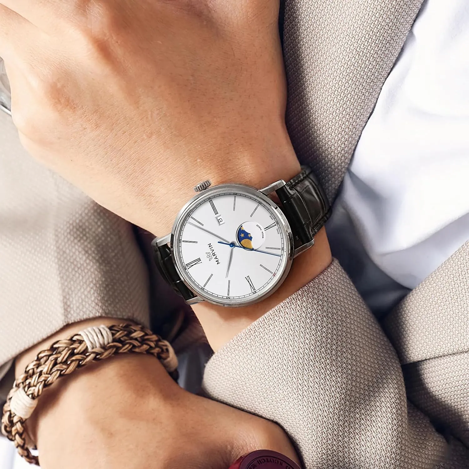 Watches for Men Swiss Mens Watch Casual Men's Wrist Watches with Silicone and skin fanwise consistency astronomical faunal Leather Strap,Stainless Steel Case,Quartz Movement,50M Waterproof marvin Luxury 