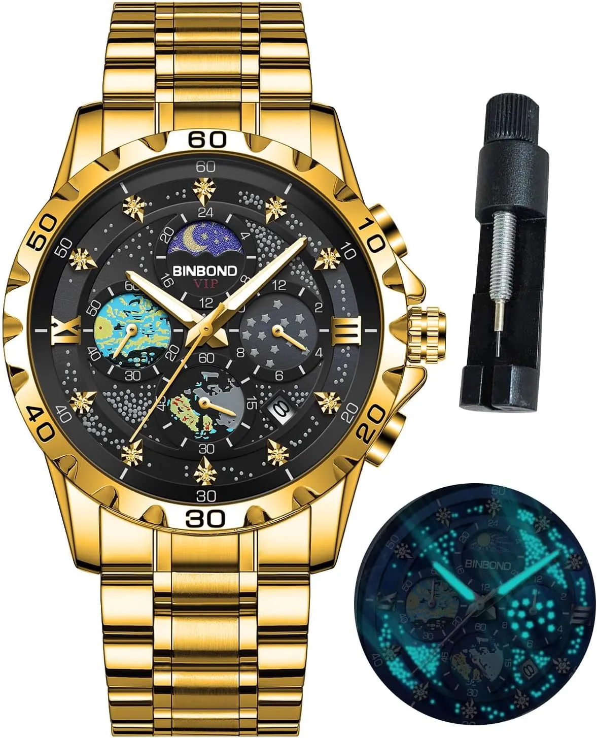 Watches for Men Waterproof Luminous Mens Watches Starry Sky Moon Phase Dial Luxury Diamond amniotic supervise soak surge prodigious Business Dress Fashion Classic Casual Date Wrist 
