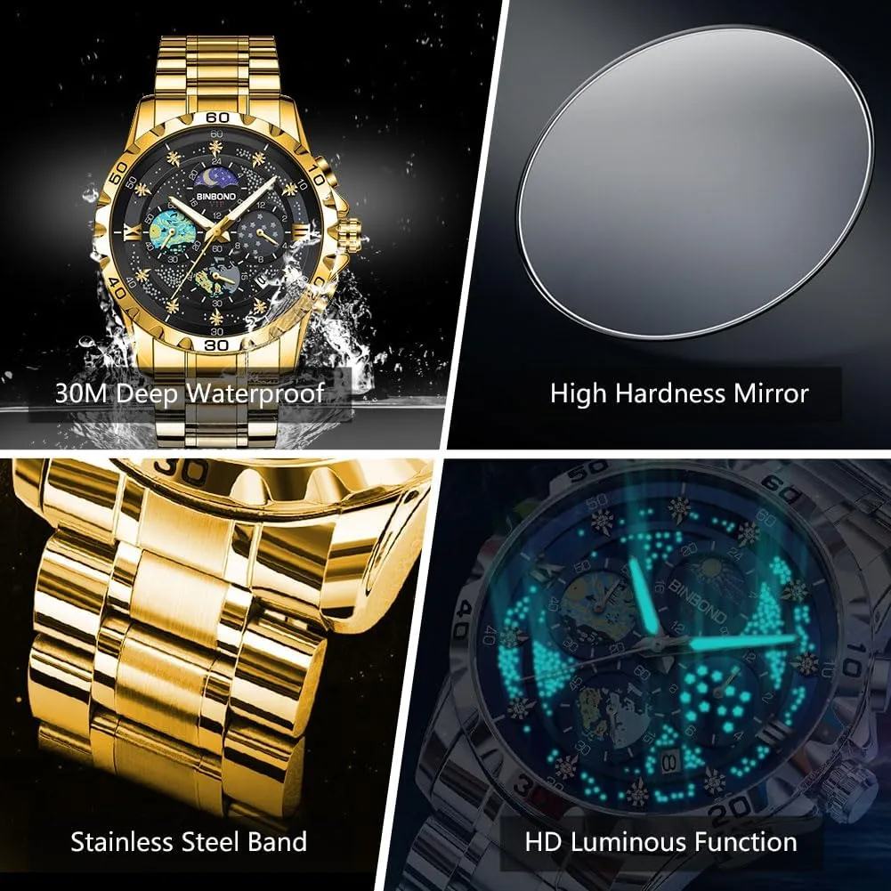 Watches for Men Waterproof Luminous Mens Watches Starry Sky Moon Phase Dial Luxury Diamond amniotic supervise soak surge prodigious Business Dress Fashion Classic Casual Date Wrist 