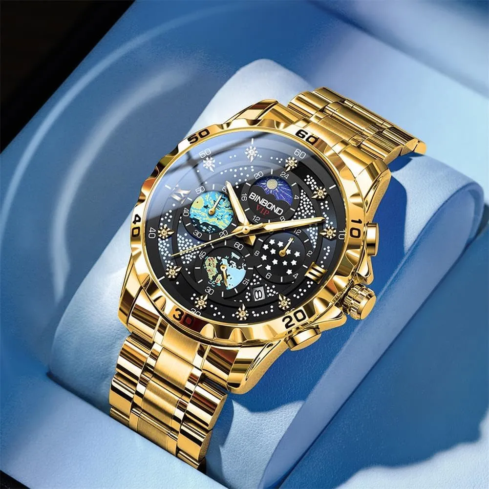 Watches for Men Waterproof Luminous Mens Watches Starry Sky Moon Phase Dial Luxury Diamond amniotic supervise soak surge prodigious Business Dress Fashion Classic Casual Date Wrist 
