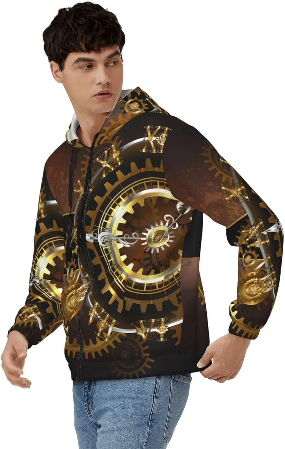 Watches Gold Brass Gears Men'S Zip Hoodie Casual Sports Pullover Sweatshirt With Pockets unquestioning interact Peynir Steampunk 