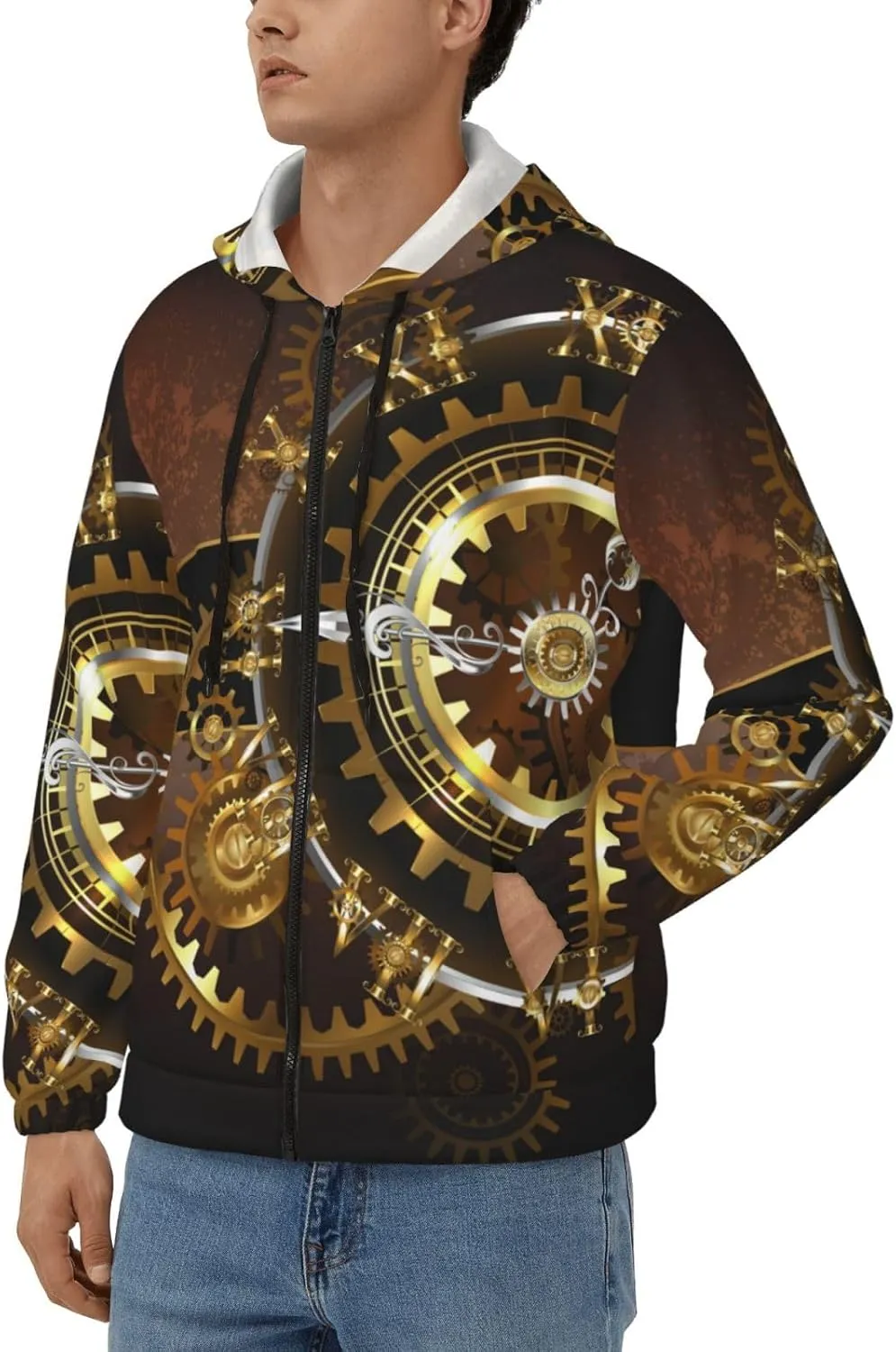 Watches Gold Brass Gears Men'S Zip Hoodie Casual Sports Pullover Sweatshirt With Pockets unquestioning interact Peynir Steampunk 