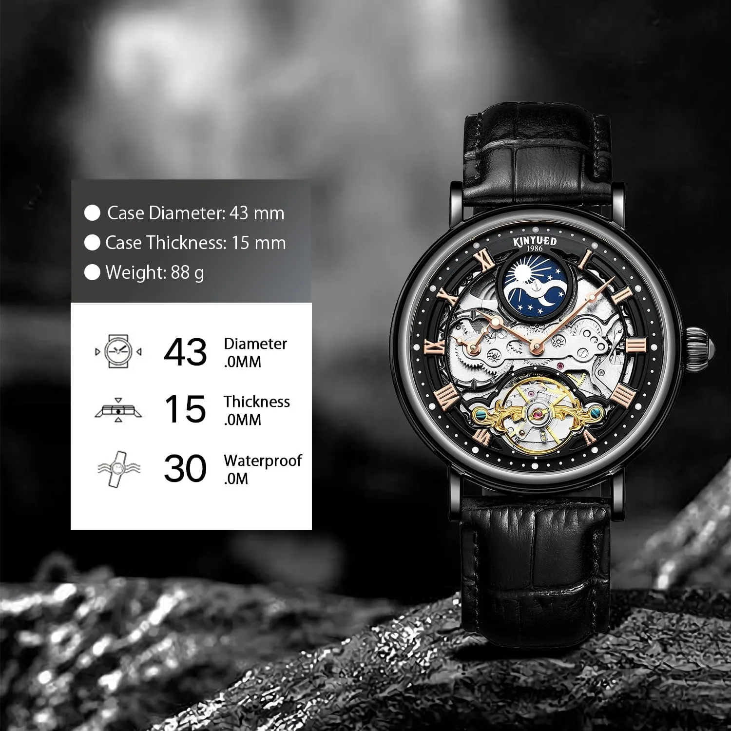 Watch,Tourbillon Automatic Waterproof Wrist Watch for Men peace Gift IK COLOURING Automatic Mechanical Mens Luxury Skeleton Automatic Mechanical Wrist Watches Leather Moon Phrase Luminous Hands Self-Wind 