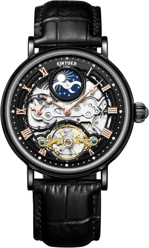 Watch,Tourbillon Automatic Waterproof Wrist Watch for Men peace Gift IK COLOURING Automatic Mechanical Mens Luxury Skeleton Automatic Mechanical Wrist Watches Leather Moon Phrase Luminous Hands Self-Wind 