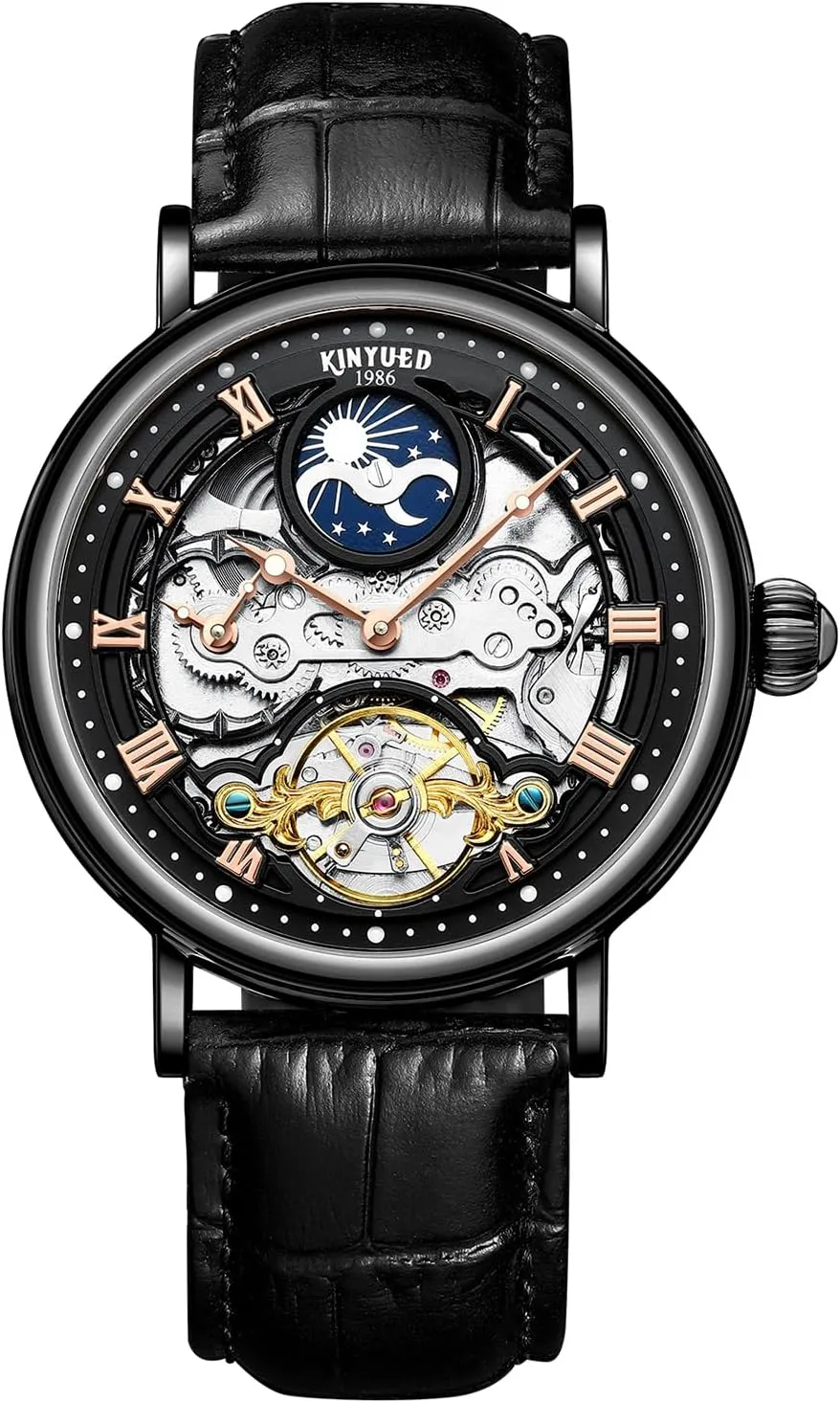 Watch,Tourbillon Automatic Waterproof Wrist Watch for Men peace Gift IK COLOURING Automatic Mechanical Mens Luxury Skeleton Automatic Mechanical Wrist Watches Leather Moon Phrase Luminous Hands Self-Wind 
