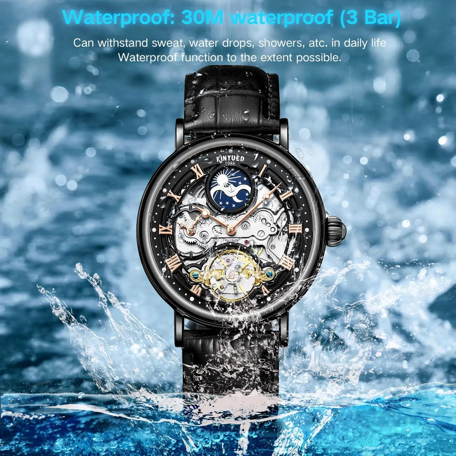 Watch,Tourbillon Automatic Waterproof Wrist Watch for Men peace Gift IK COLOURING Automatic Mechanical Mens Luxury Skeleton Automatic Mechanical Wrist Watches Leather Moon Phrase Luminous Hands Self-Wind 