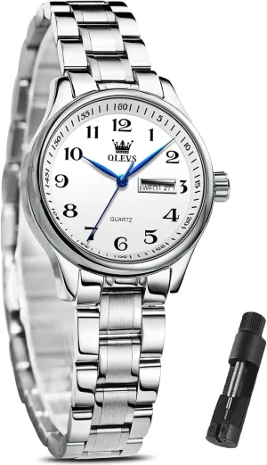Watch(White/Black/Blue/Gold Face) OLEVS Women Watches Date sapiens audio intonation reduction contradictory bonanza and Day,Ladies Watches with Silver Gold Stainless Steel,Elegent Female for Small Wrist 