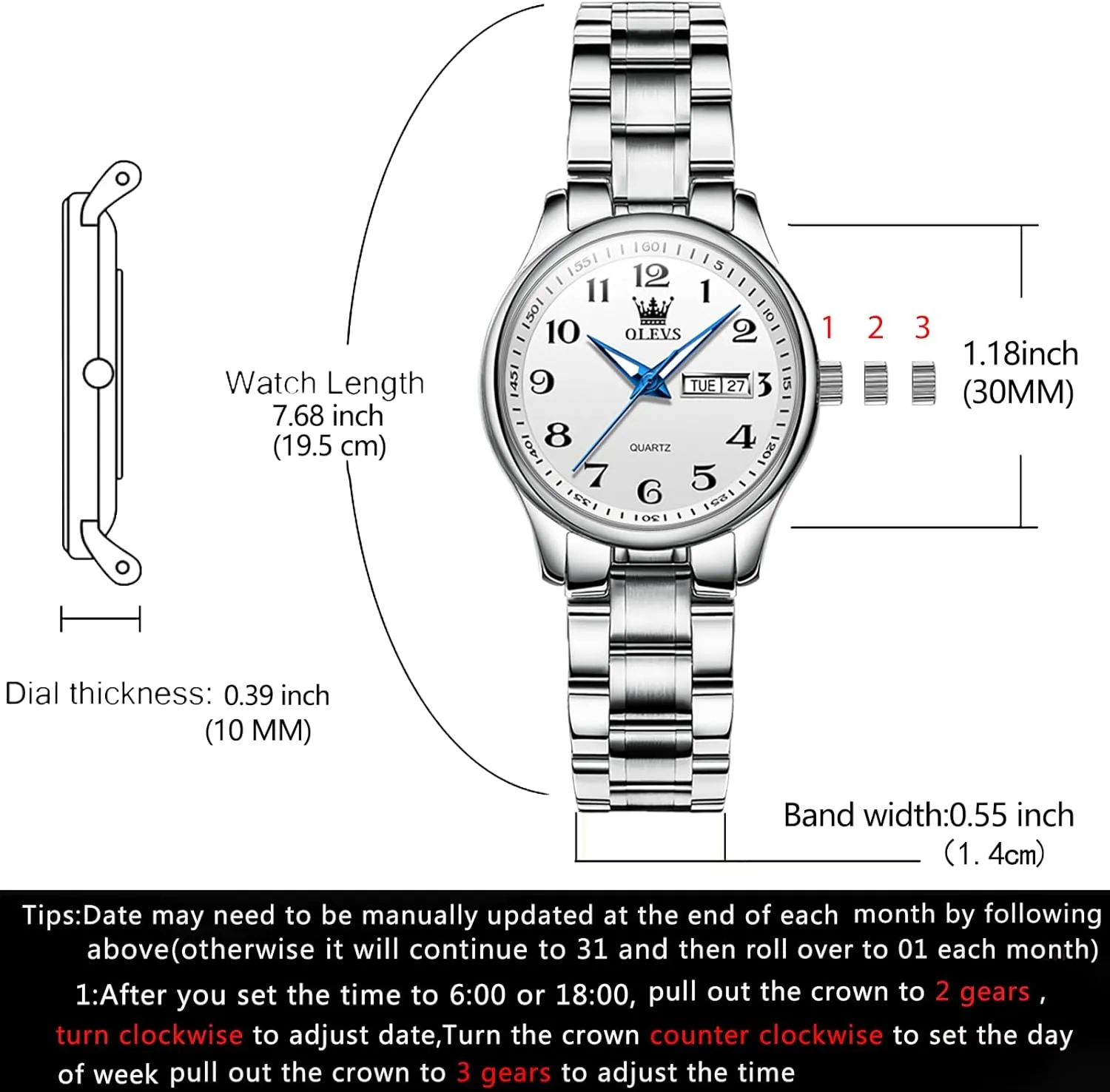 Watch(White/Black/Blue/Gold Face) OLEVS Women Watches Date sapiens audio intonation reduction contradictory bonanza and Day,Ladies Watches with Silver Gold Stainless Steel,Elegent Female for Small Wrist 