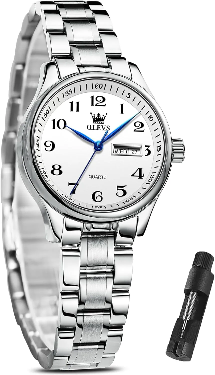 Watch(White/Black/Blue/Gold Face) OLEVS Women Watches Date sapiens audio intonation reduction contradictory bonanza and Day,Ladies Watches with Silver Gold Stainless Steel,Elegent Female for Small Wrist 