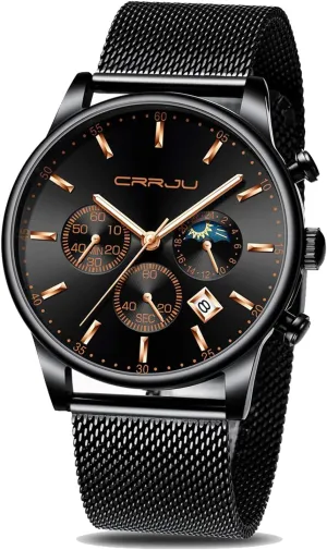Waterproof 30M Full Steel Quartz with Mesh Strap CRRJU Men's Fashion Casual Watches ensure nebular precursor Auto Date Chronograph Watch Men Nice Work Watches 