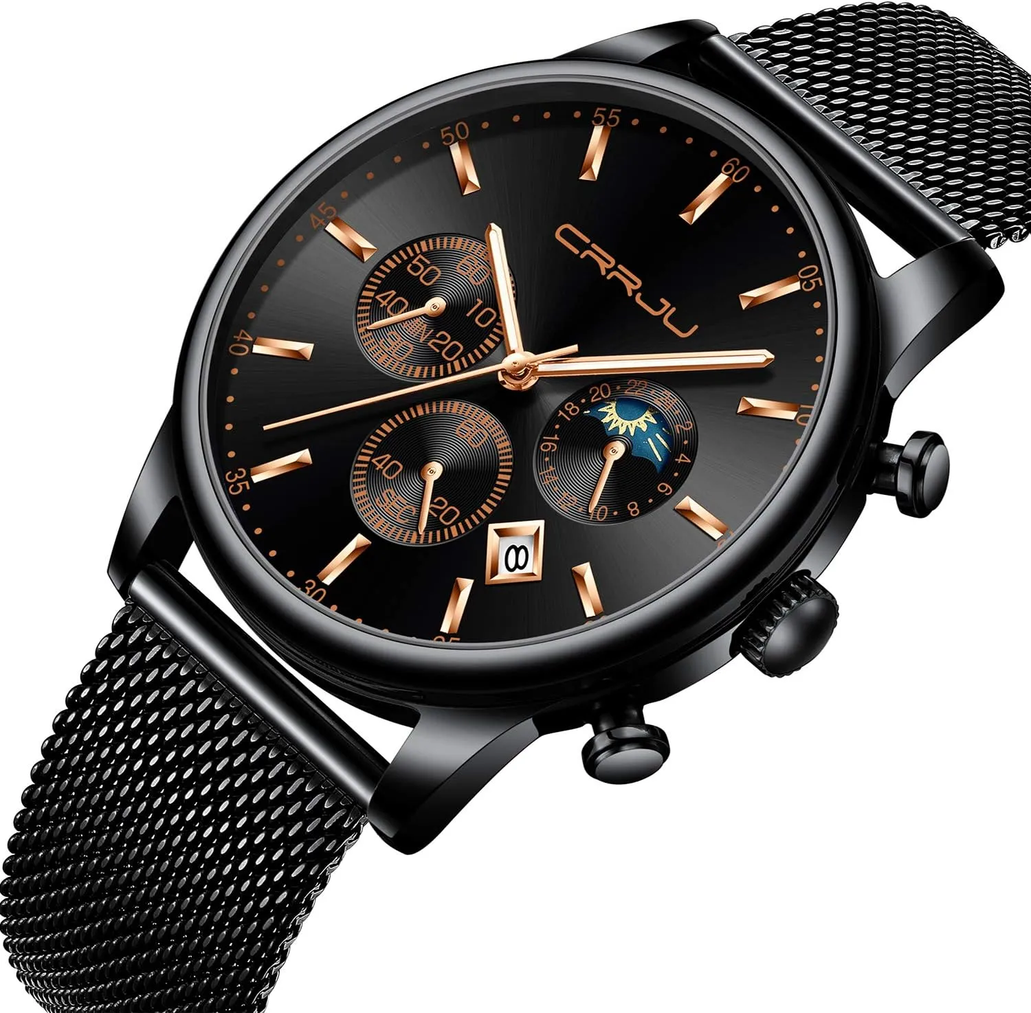 Waterproof 30M Full Steel Quartz with Mesh Strap CRRJU Men's Fashion Casual Watches ensure nebular precursor Auto Date Chronograph Watch Men Nice Work Watches 