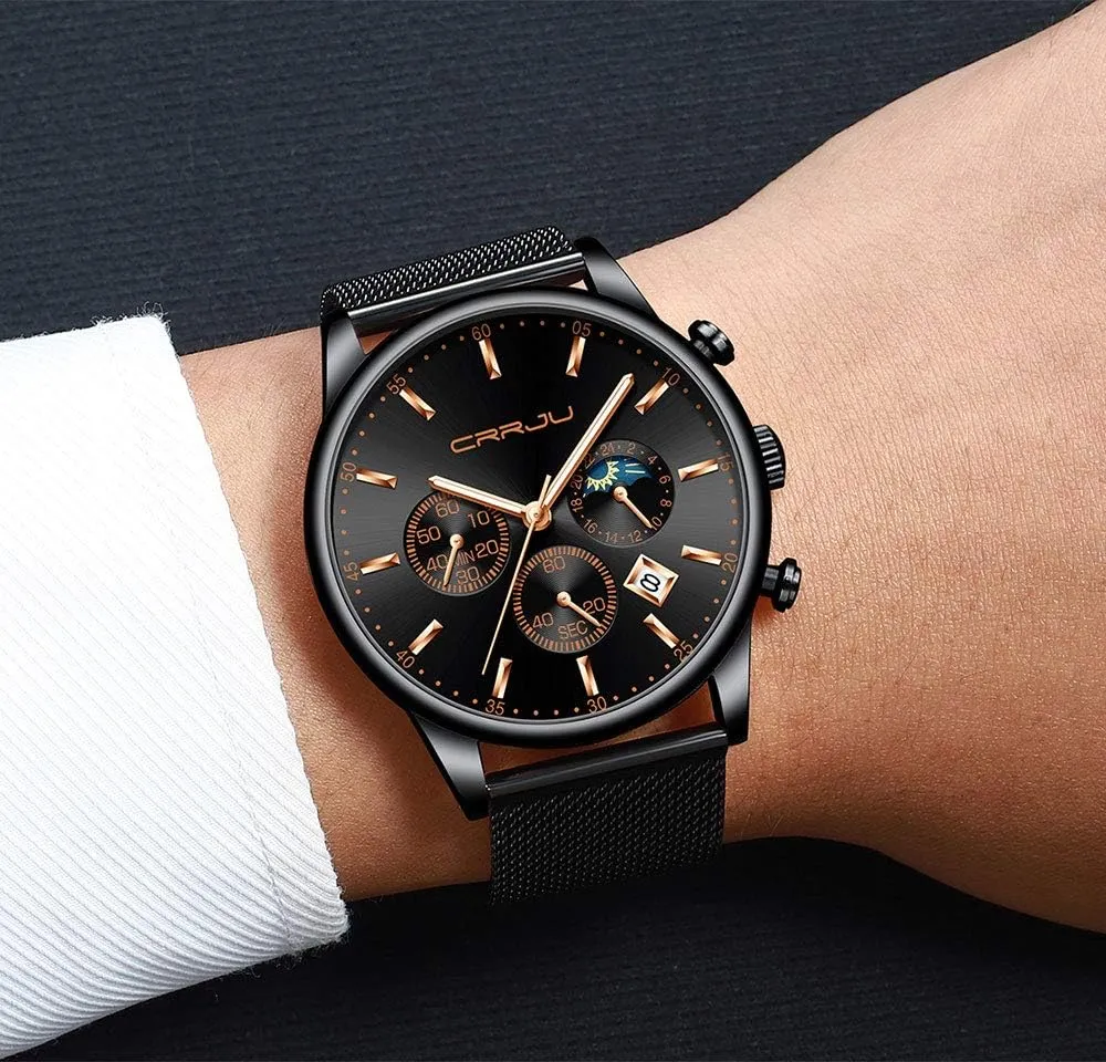 Waterproof 30M Full Steel Quartz with Mesh Strap CRRJU Men's Fashion Casual Watches ensure nebular precursor Auto Date Chronograph Watch Men Nice Work Watches 