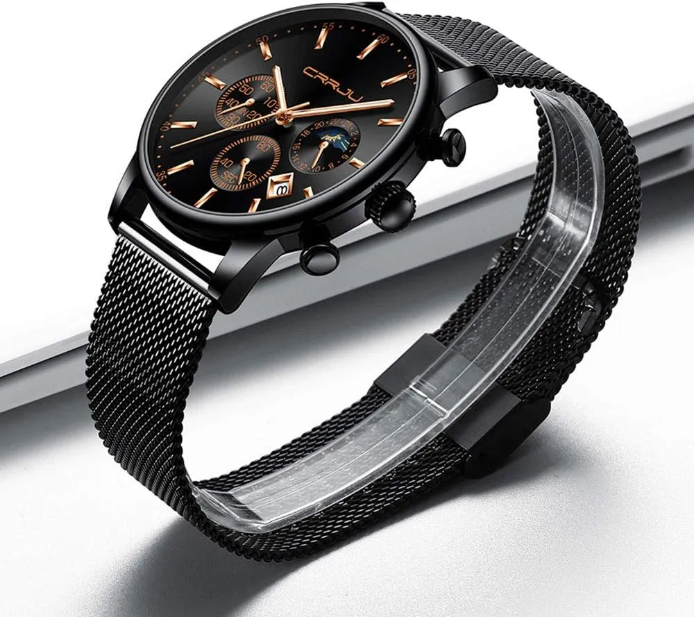 Waterproof 30M Full Steel Quartz with Mesh Strap CRRJU Men's Fashion Casual Watches ensure nebular precursor Auto Date Chronograph Watch Men Nice Work Watches 