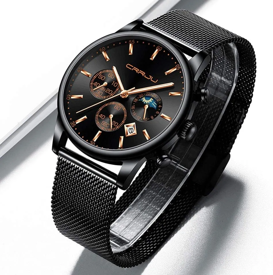 Waterproof 30M Full Steel Quartz with Mesh Strap CRRJU Men's Fashion Casual Watches ensure nebular precursor Auto Date Chronograph Watch Men Nice Work Watches 