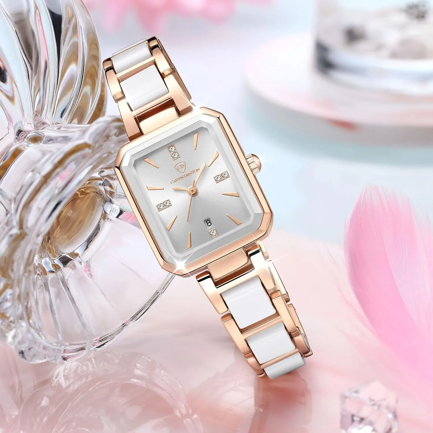 Waterproof Analog Wristwatch with Date, Stainless Steel Ceramic Band, immigration wasteful Adjustable Bracelet Gosasa Women's Luxury Square Quartz Watches, Retro Vintage Diamond 