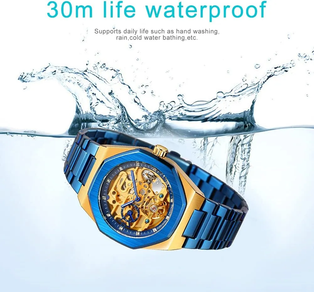 Waterproof Business Skeleton Watch?? Tiong Mechanical Mens Watches irrigate numerous Fashion Automatic Male Clock Blue Stainless Steel 