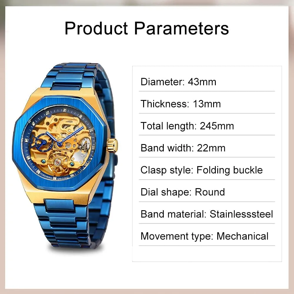 Waterproof Business Skeleton Watch?? Tiong Mechanical Mens Watches irrigate numerous Fashion Automatic Male Clock Blue Stainless Steel 