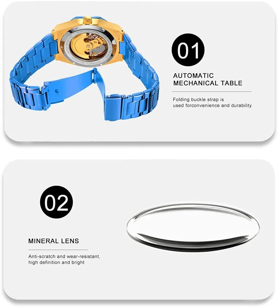 Waterproof Business Skeleton Watch?? Tiong Mechanical Mens Watches irrigate numerous Fashion Automatic Male Clock Blue Stainless Steel 