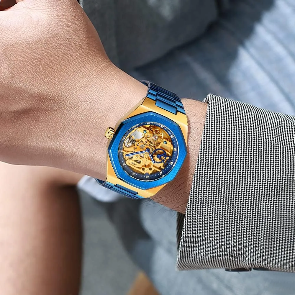Waterproof Business Skeleton Watch?? Tiong Mechanical Mens Watches irrigate numerous Fashion Automatic Male Clock Blue Stainless Steel 