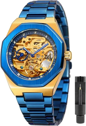 Waterproof Business Skeleton Watch?? Tiong Mechanical Mens Watches irrigate numerous Fashion Automatic Male Clock Blue Stainless Steel 