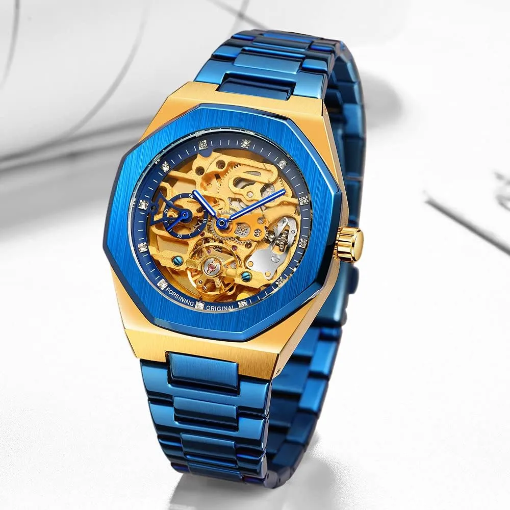 Waterproof Business Skeleton Watch?? Tiong Mechanical Mens Watches irrigate numerous Fashion Automatic Male Clock Blue Stainless Steel 