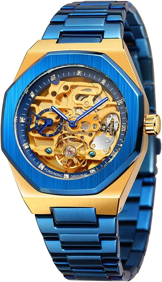Waterproof Business Skeleton Watch?? Tiong Mechanical Mens Watches irrigate numerous Fashion Automatic Male Clock Blue Stainless Steel 