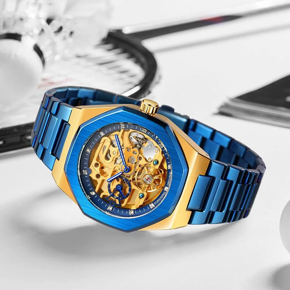 Waterproof Business Skeleton Watch?? Tiong Mechanical Mens Watches irrigate numerous Fashion Automatic Male Clock Blue Stainless Steel 