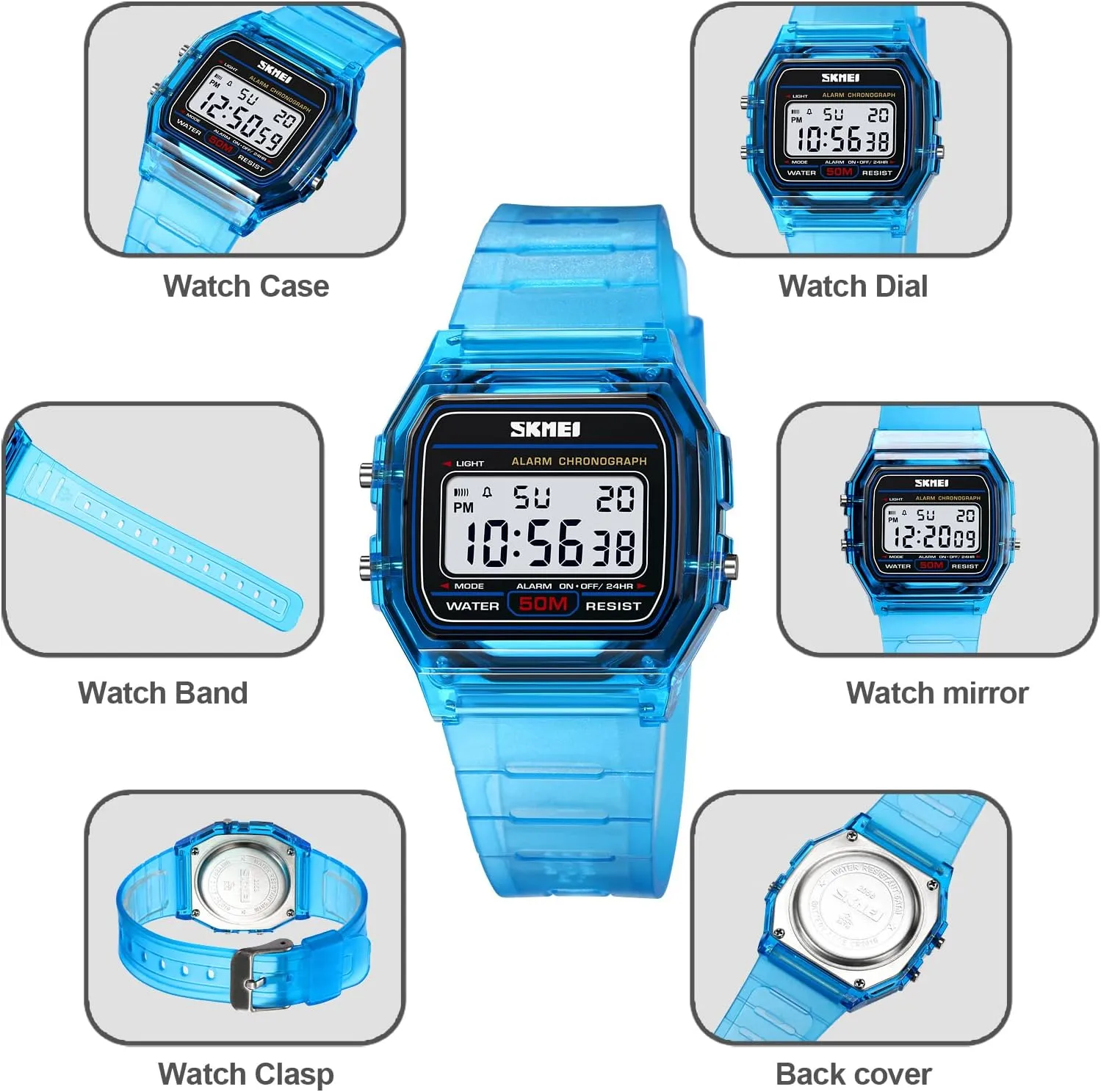 Waterproof Casual Digital concentric Watch Gosasa Unisex Classic Transparent Color PU Strap Digital Sports Watch 