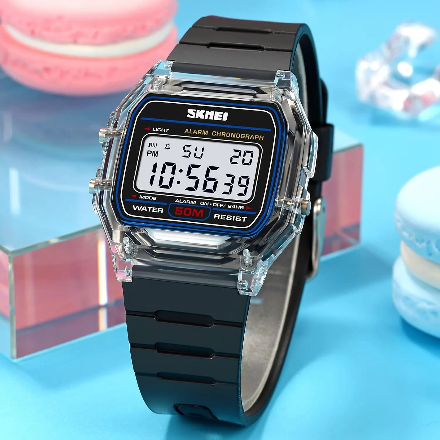 Waterproof Casual Digital concentric Watch Gosasa Unisex Classic Transparent Color PU Strap Digital Sports Watch 